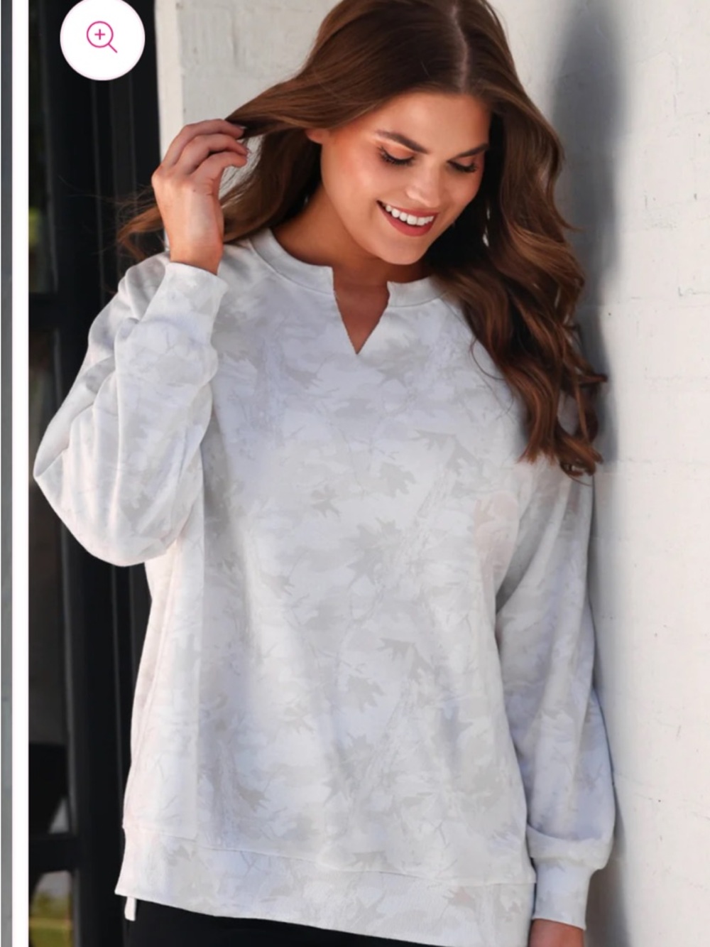 Jess Lea Light Gray Camo Notch-Neck Pullover Sweatshirt Regular & Plus